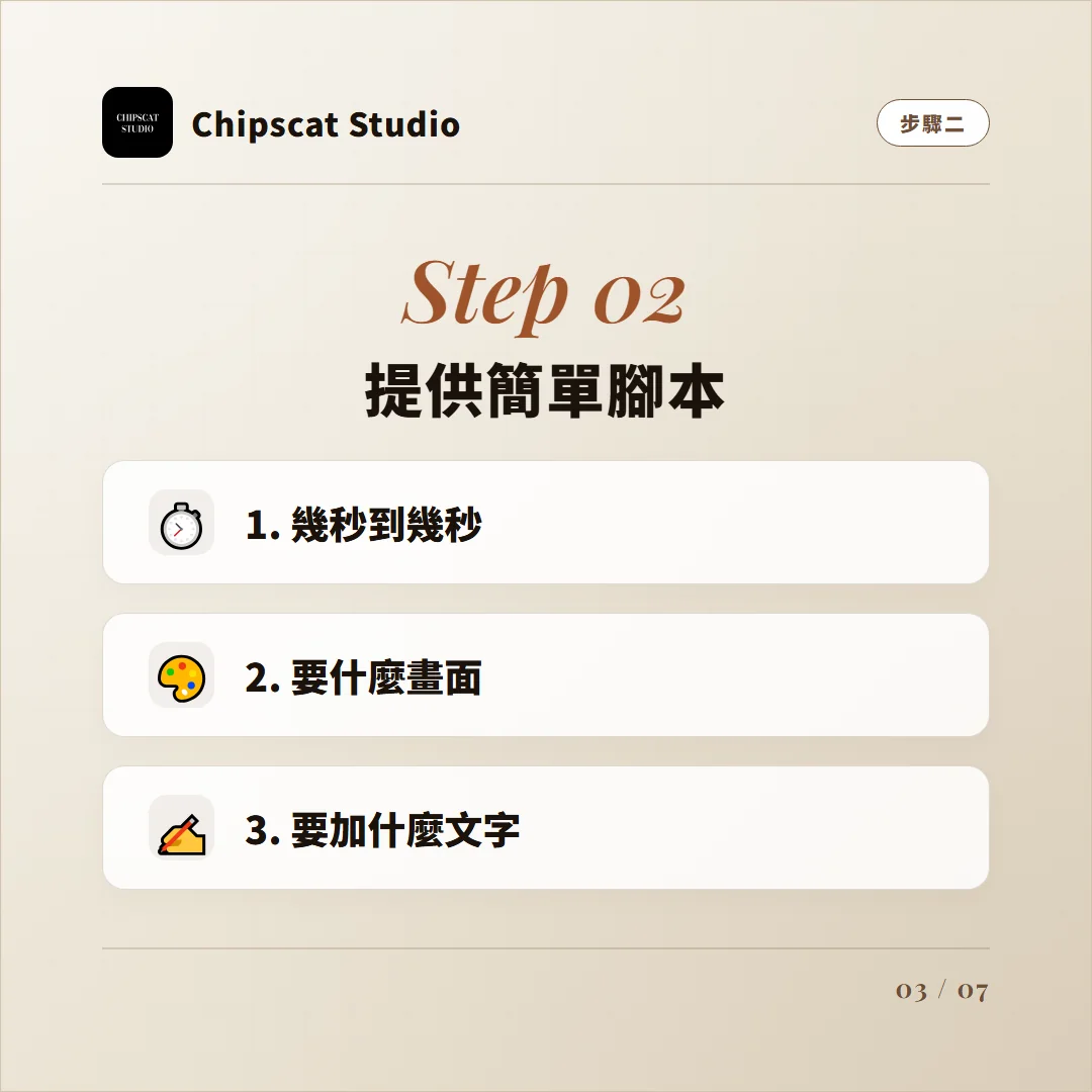 Step 02 提供簡單腳本：幾秒到幾秒、要什麼畫面、要加什麼文字