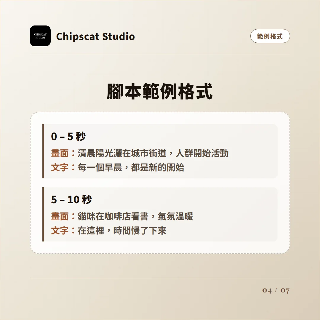 腳本範例格式:每 5 秒標示畫面與文字內容