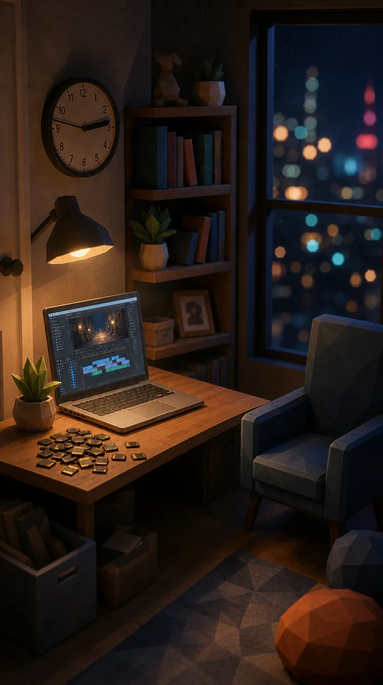 AI 生成的場景定裝圖:夜晚的剪輯工作桌,筆電上是剪輯時間軸,窗外是城市夜景
