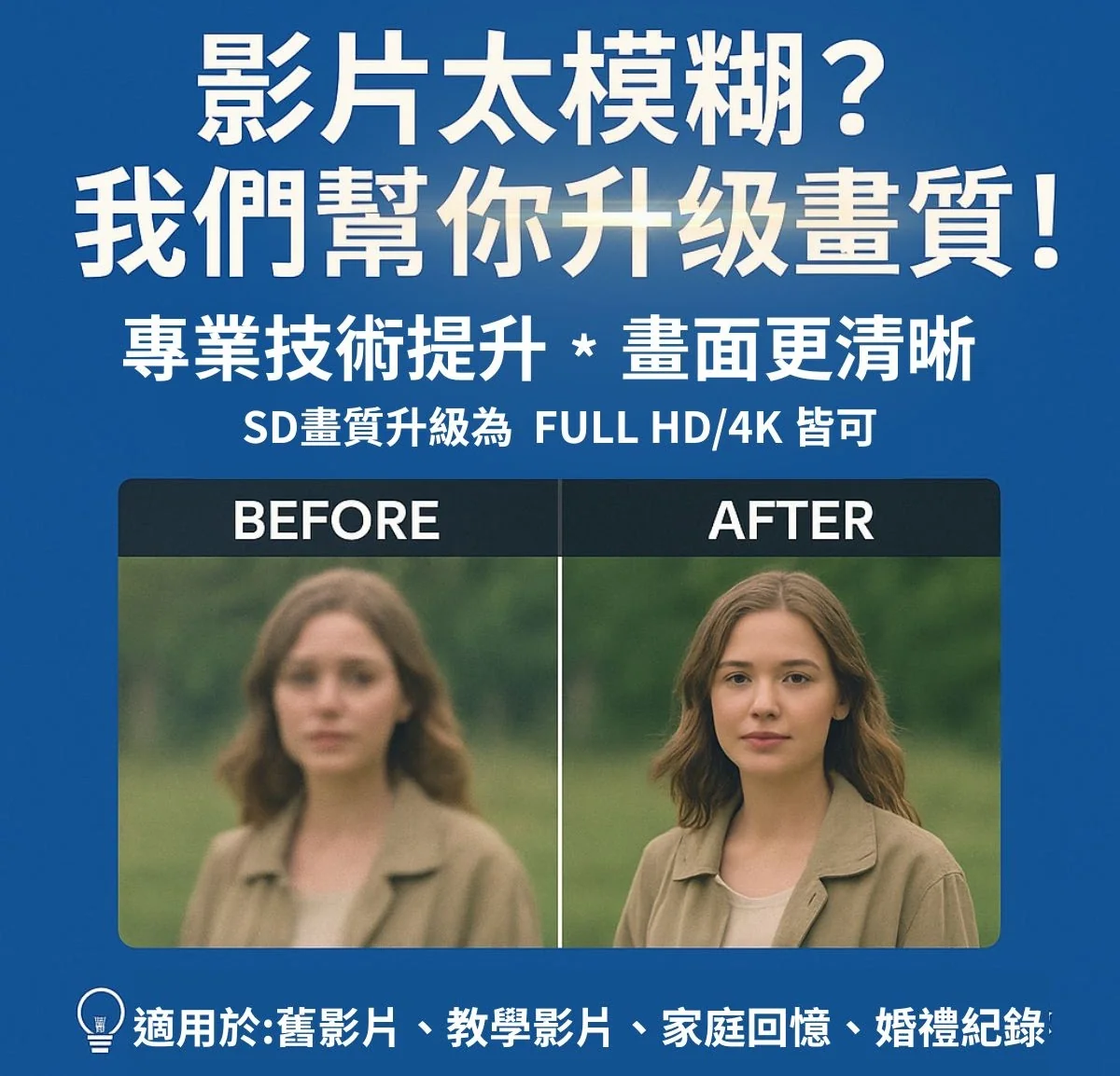 影片太模糊？我們幫你升級畫質：SD 升級為 Full HD/4K，修復前後對比